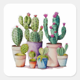 Schattige waterverf cactussen succulenten in potte vierkante sticker