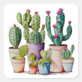 Schattige waterverf cactussen succulenten in potte vierkante sticker