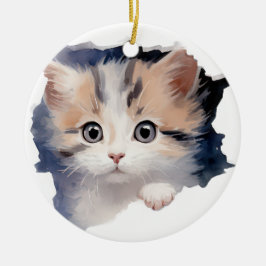 SCHATTIGE WATERVERF CALICO KITTEN GEZICHT KERAMISCH ORNAMENT