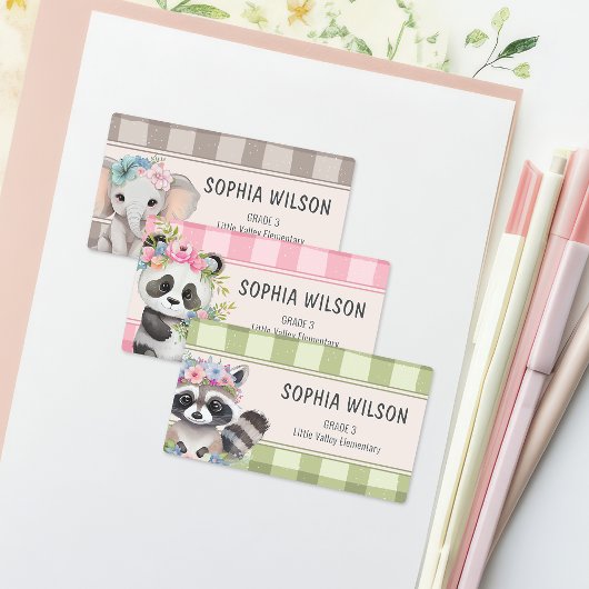 Schattige Waterverf Dieren Bloem Gingham Naam Labels