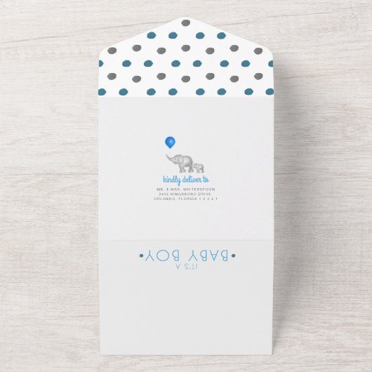 Schattige Waterverf Elephants Baby Boy Shower All In One Uitnodiging (Buitenkant)