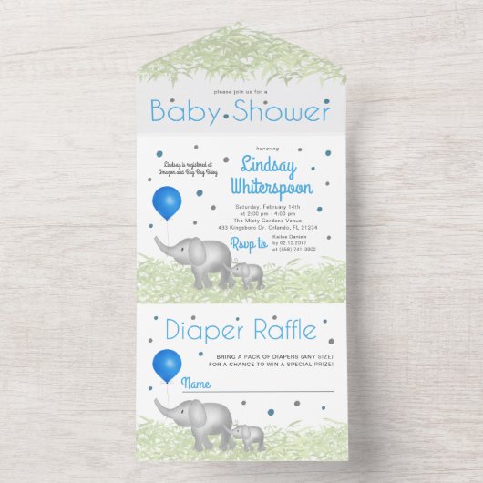 Schattige Waterverf Elephants Baby Boy Shower All In One Uitnodiging (Binnen)
