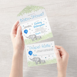 Schattige Waterverf Elephants Baby Boy Shower All In One Uitnodiging