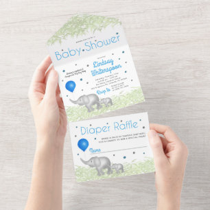 Schattige Waterverf Elephants Baby Boy Shower All In One Uitnodiging