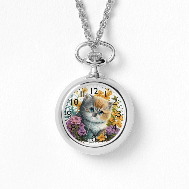 Schattige Waterverf Exotische Korthaar Kitten Prin Horloge (Voorkant)
