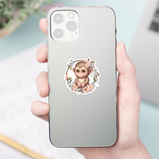 Schattige Waterverf Floral Indie Baby Monkey Sticker (Telefoon)