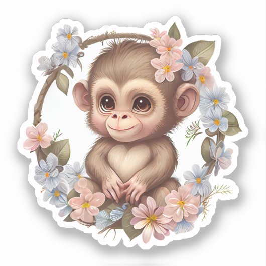 Schattige Waterverf Floral Indie Baby Monkey Sticker (Voorkant)