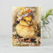 Schattige waterverf geel kippetje met motorkap feestdagenkaart (Staand voorkant)