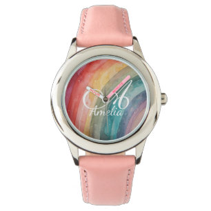 Schattige waterverf gepersonaliseerde regenboog  horloge