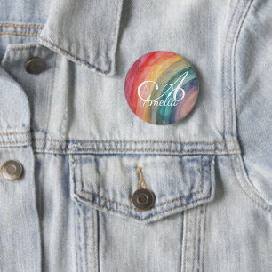 Schattige waterverf gepersonaliseerde regenboog  ronde button 5,7 cm
