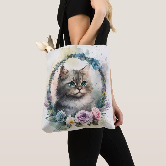 SCHATTIGE WATERVERF GRAY TABBY KITTEN FLOWERS TOTE BAG (Dichtbij)