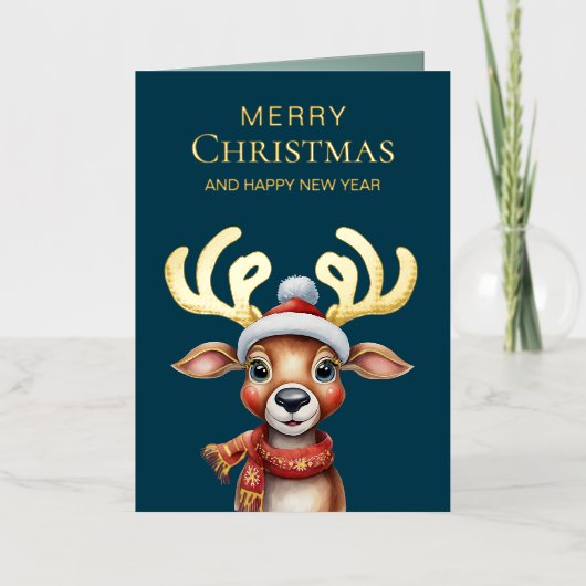Schattige Waterverf Groene Kerst Rendier Goud Folie Feestdagenkaart (Voorkant)