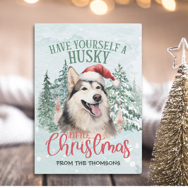 Schattige Waterverf Husky Christmas Feestdagenkaart