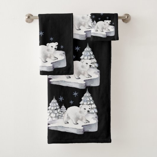 Schattige waterverf ijsbeer dennenbomen sneeuwvlok bad handdoek (Insitu)