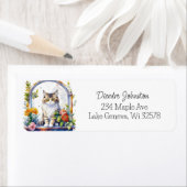 Schattige Waterverf Kat in Bloemenvenster Etiket (Insitu)