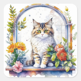 Schattige Waterverf Kat in Bloemenvenster Vierkante Sticker