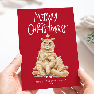 Schattige Waterverf Kat Meowy Kerstmis Niet-foto Feestdagenkaart