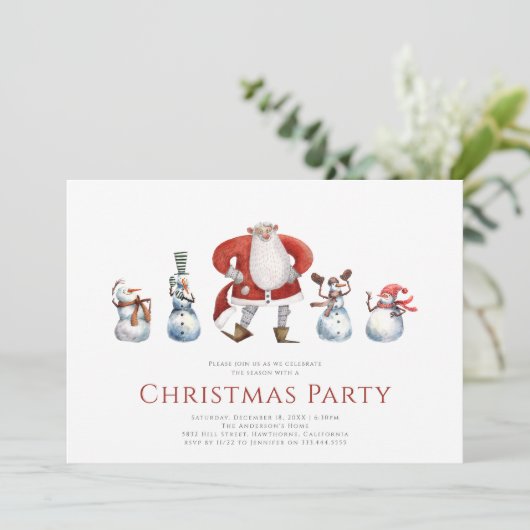 Schattige waterverf kerstkaart met sneeuwmannen en kaart (Staand voorkant)