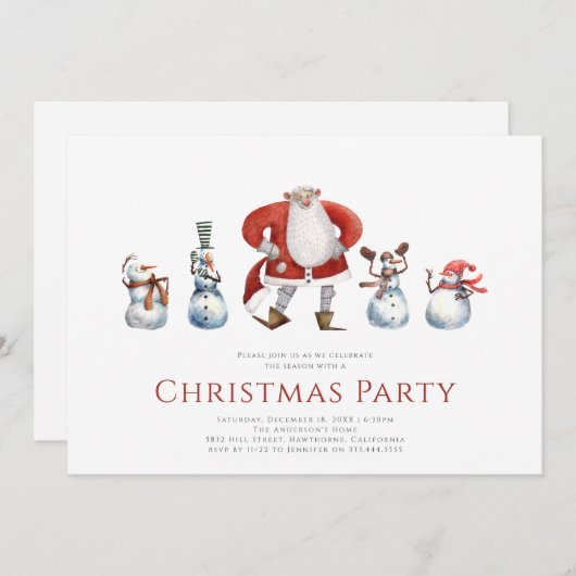 Schattige waterverf kerstkaart met sneeuwmannen en kaart (Voorkant / Achterkant)