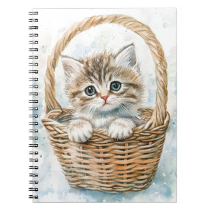 SCHATTIGE WATERVERF KITTEN IN EEN MAND NOTITIEBOEK
