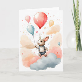 Schattige Waterverf Konijn Grote Rode Ballon Blanc Kaart