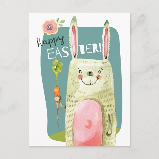 Schattige waterverf konijn met wortel Happy Easter Feestdagenkaart (Voorkant)