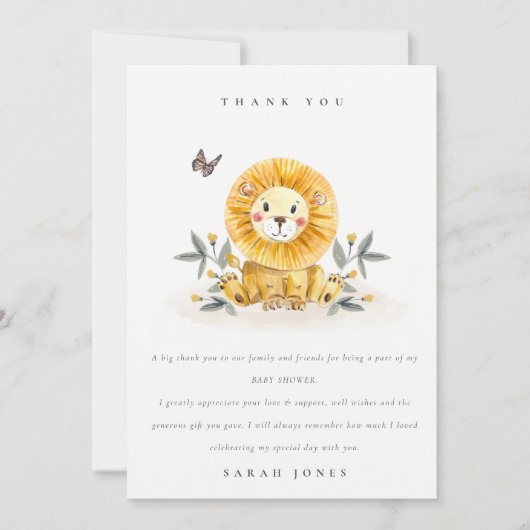 Schattige waterverf leeuw met bos- en bladthema ba bedankkaart (Voorkant)