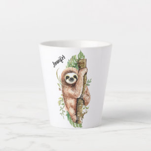 Schattige waterverf luiaard en tropische bladeren latte mok