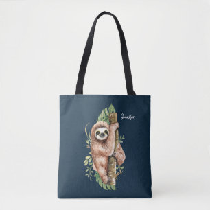 Schattige waterverf luiaard en tropische bladeren tote bag