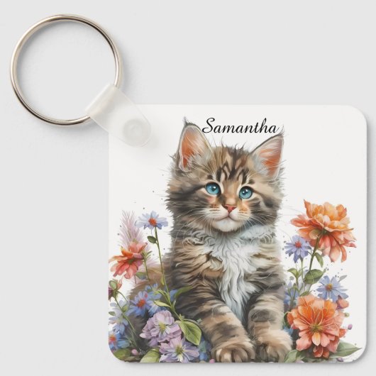 Schattige Waterverf Maine Coon Kitten Sleutelhanger (Voorkant)