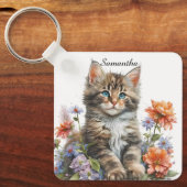 Schattige Waterverf Maine Coon Kitten Sleutelhanger (Voorkant)