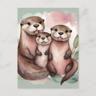 Schattige Waterverf Otter familie Briefkaart