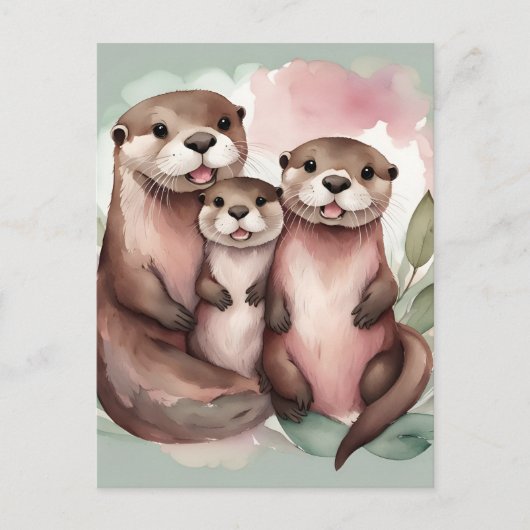 Schattige Waterverf Otter familie Briefkaart (Voorkant)