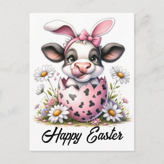 Schattige Waterverf Pasen Koe in Egg Briefkaart (Voorkant)