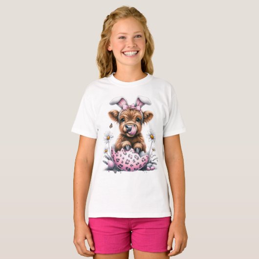 Schattige Waterverf Pasen Koe in Egg met Bloemen T-shirt (Voorkant volledig)