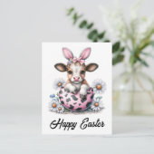Schattige Waterverf Pasen Koe Roze Ei Konijnenoren Briefkaart (Staand voorkant)