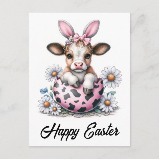 Schattige Waterverf Pasen Koe Roze Ei Konijnenoren Briefkaart (Voorkant)