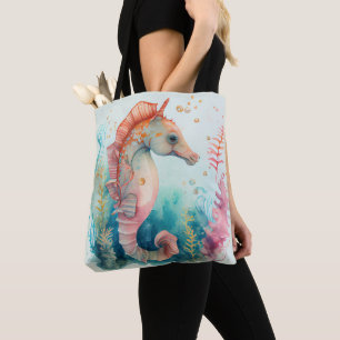 SCHATTIGE WATERVERF PASTEL SEAHORSES TOTE BAG