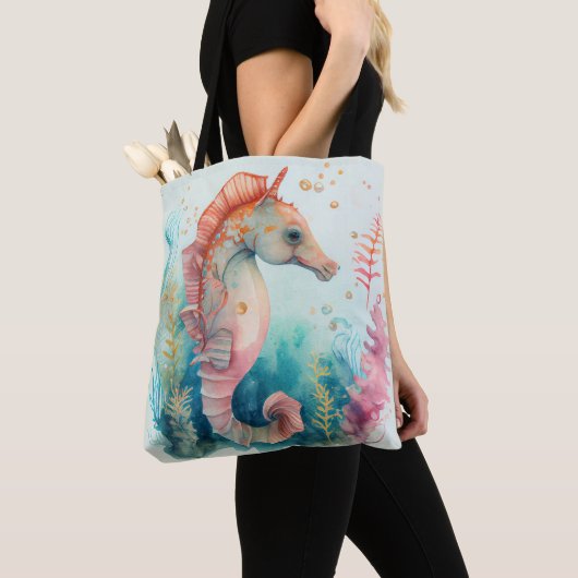 SCHATTIGE WATERVERF PASTEL SEAHORSES TOTE BAG (Dichtbij)