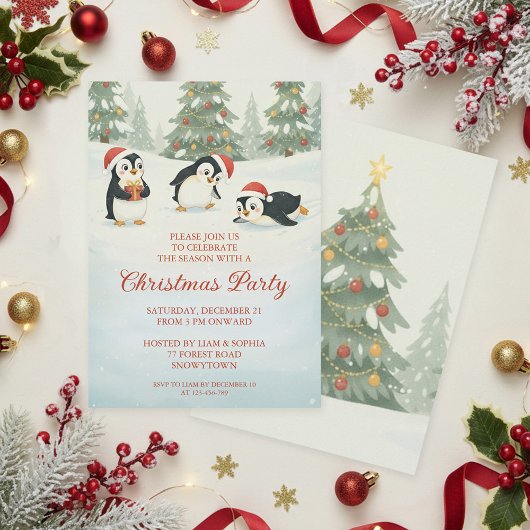 Schattige Waterverf Pinguïns Kerstbos Kaart