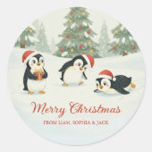 Schattige Waterverf Pinguïns Kerstbos Ronde Sticker (Voorkant)