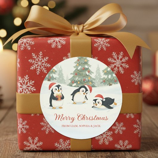 Schattige Waterverf Pinguïns Kerstbos Ronde Sticker