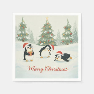 Schattige Waterverf Pinguïns Kerstbos Servet