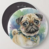 Schattige waterverf pug met bril ronde button 6,0 cm (Voorkant /achterkant)