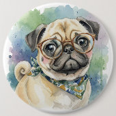 Schattige waterverf pug met bril ronde button 6,0 cm (Voorkant)