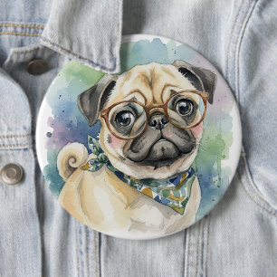 Schattige waterverf pug met bril ronde button 6,0 cm