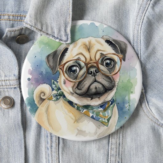 Schattige waterverf pug met bril ronde button 6,0 cm (In situ)