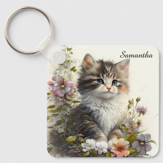 Schattige Waterverf Ragamuffin Kitten Sleutelhanger (Voorkant)