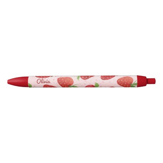 Schattige Waterverf Rode Aardbeien Script Naam  Zwarte Inkt Pen (Voorkant)