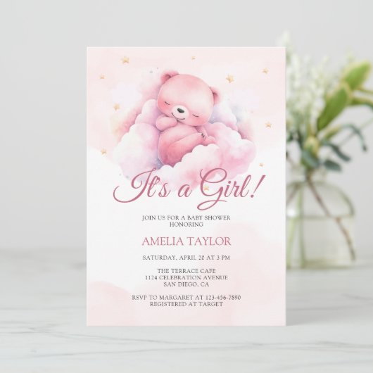 Schattige Waterverf Roze Beer Het is een Meisje Ba Kaart (Staand voorkant)